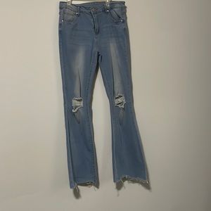 STRETCHY HI WAISTED FLARE LEG JEANS LARGE